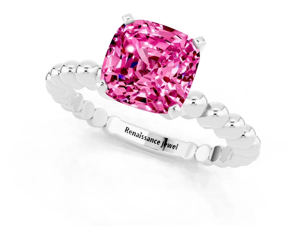 Cushion Cut Pink Sapphire Solitaire Ring with Beaded Band and Prong Setting Silver