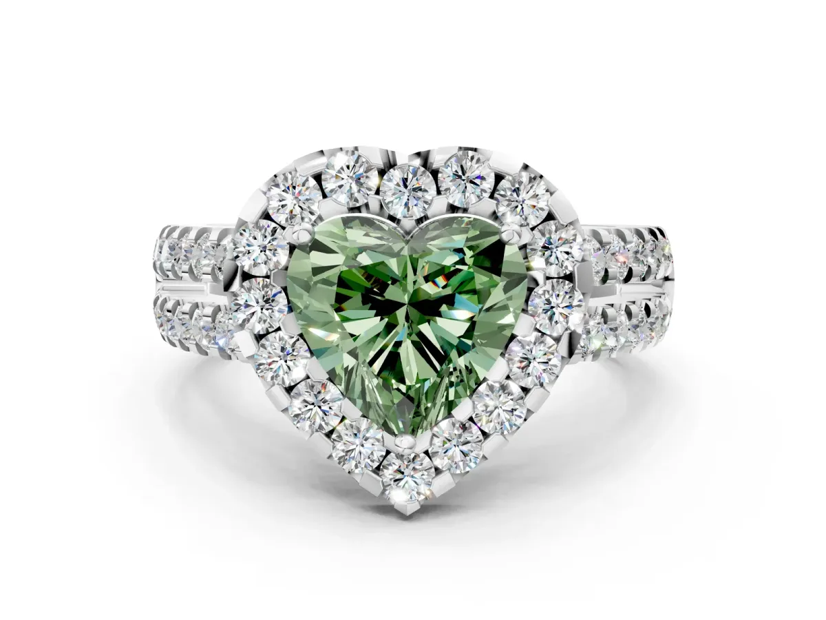 Fancy Green Heart Cut Halo Diamond Split Shank Engagement Ring with Prong Setting Platinum
