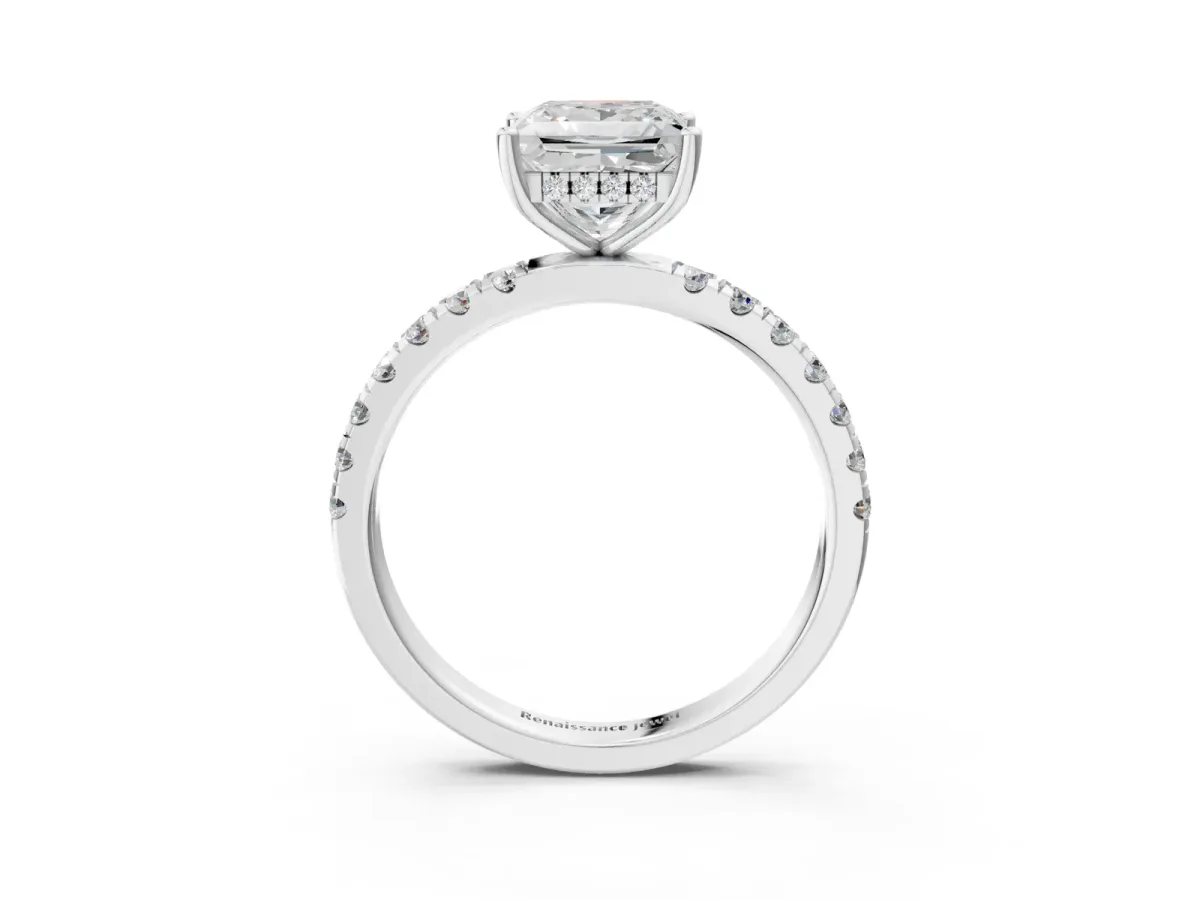 Princess Cut Diamond Pave Band Solitaire Ring with Round and Prong Setting Platinum