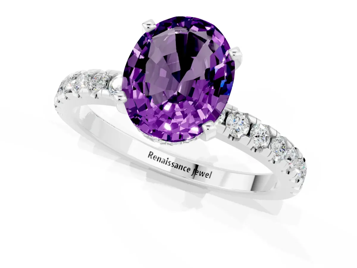 Oval Cut Amethyst Solitaire Ring with Round Pavé Band and Four-Prong Setting Platinum