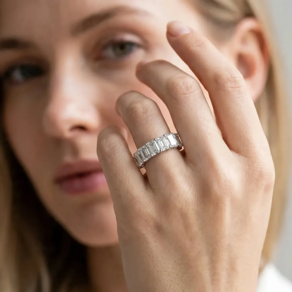 Emerald Cut Diamond Prong-Set Half Eternity Band Silver