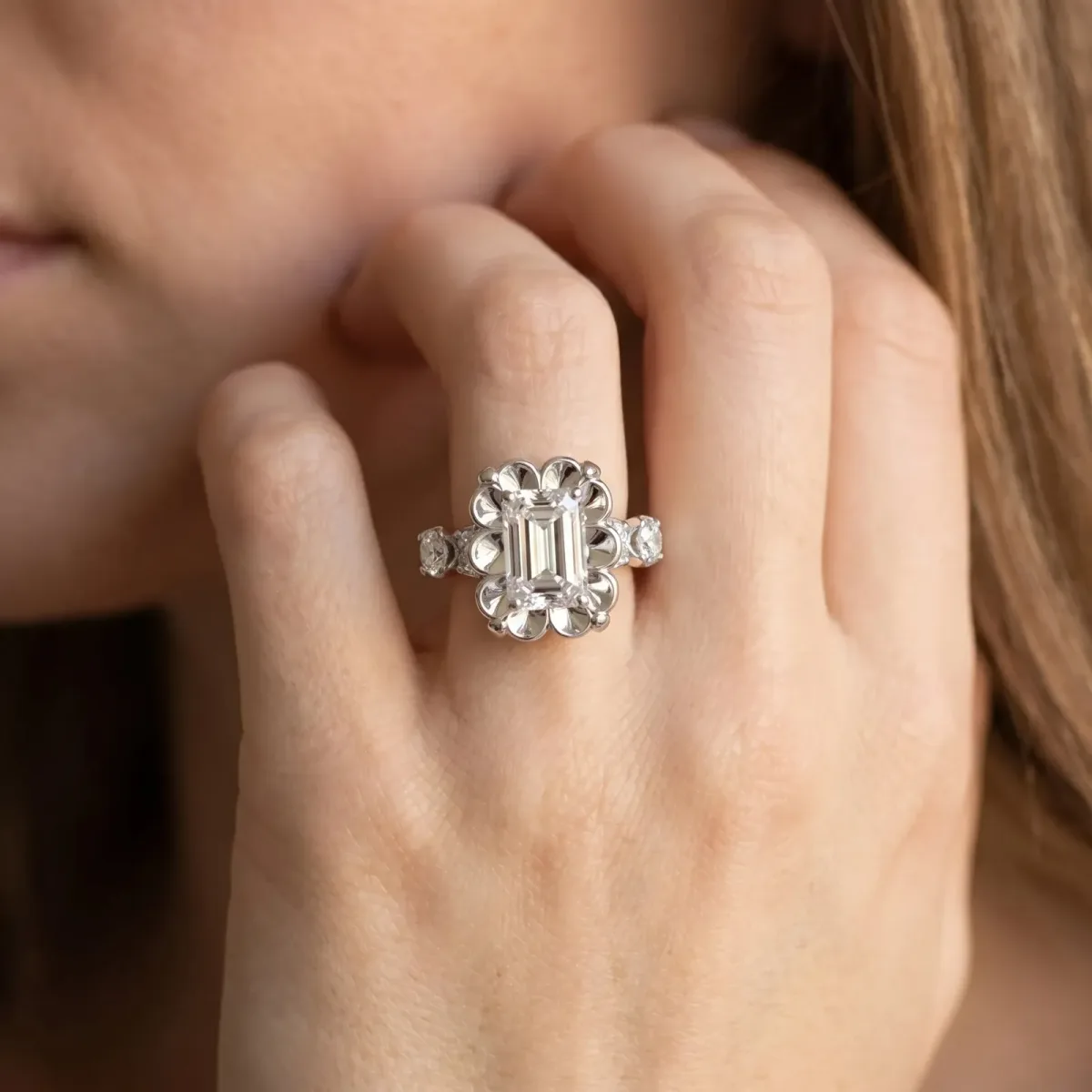 Emerald Cut Cut Diamond Floral Halo Engagement Ring with Shared Prong Setting Silver