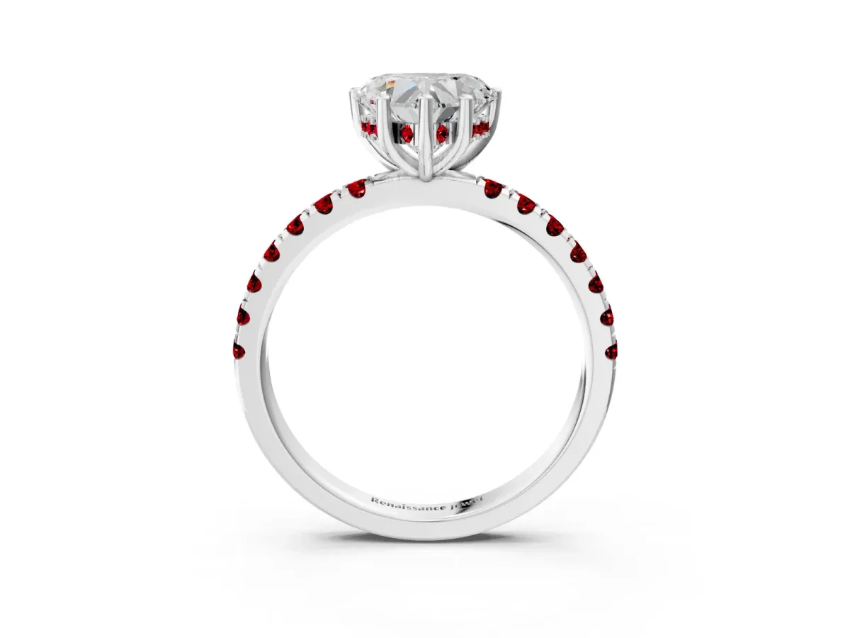 Heart Cut Diamond Pave Band Solitaire Ring with Round Ruby and Prong Setting Platinum