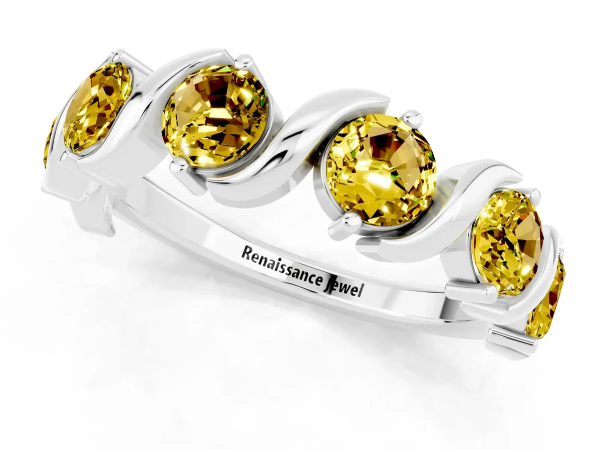 Six-Stone Round Yellow Sapphire Wave Band with Shared Prong Setting Silver