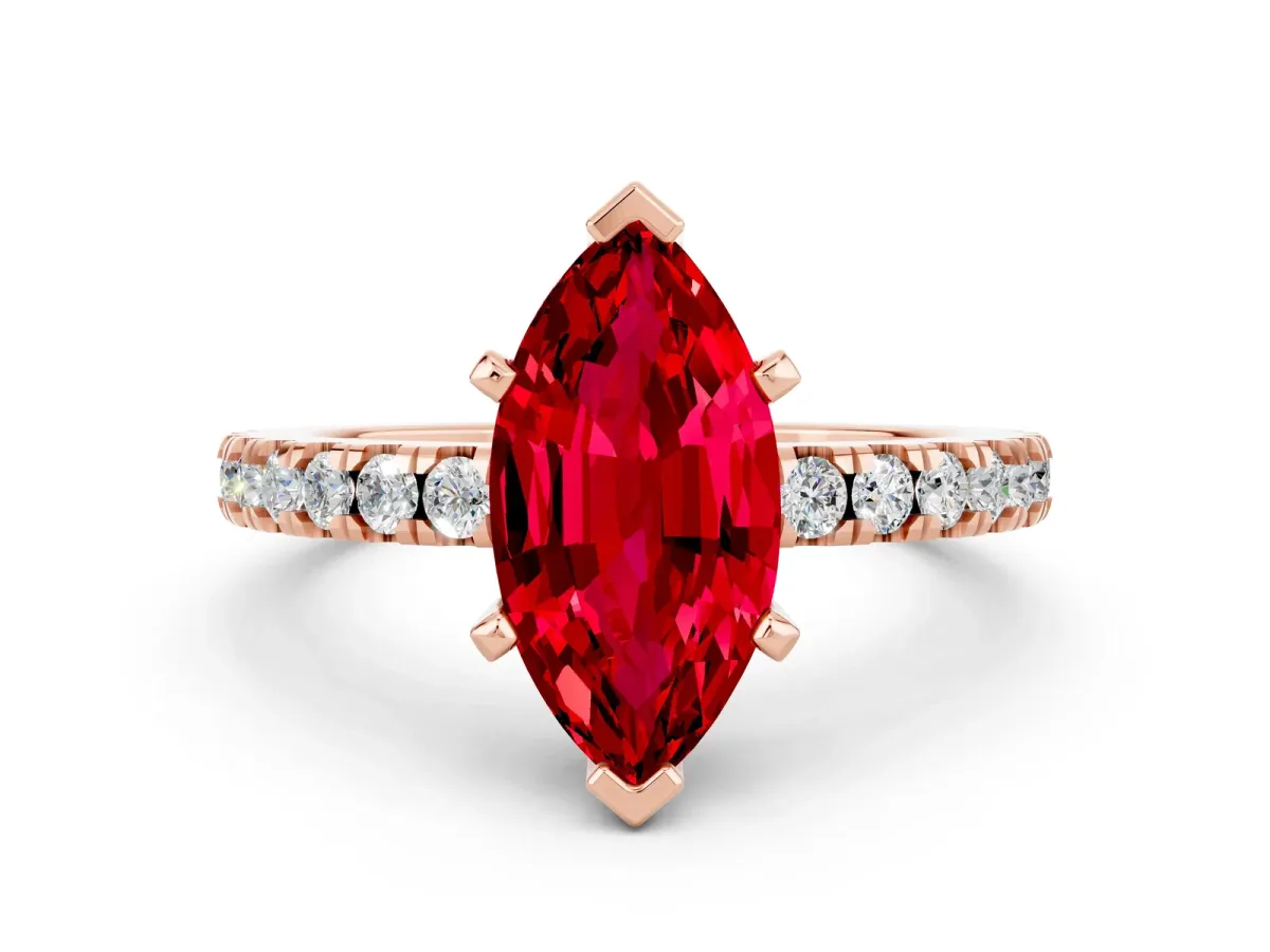 Marquise Cut Solitaire Ruby with Pavé Band and Four-Prong Setting Rose gold