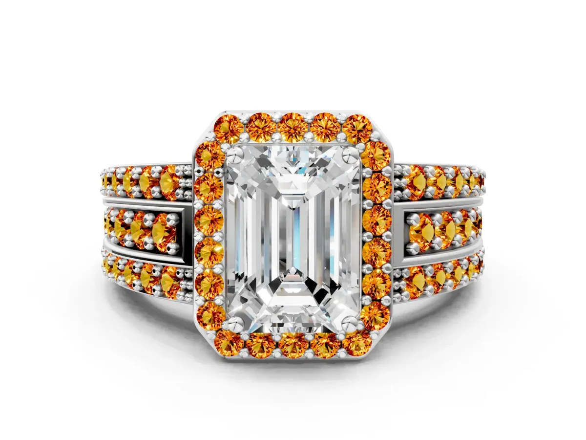 Emerald Cut Halo Diamond Ring with Round Citrine Split Shank and Prong Setting Silver