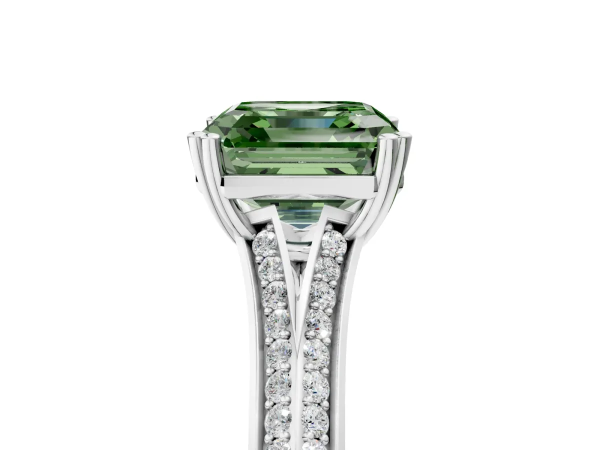 Fancy Green Asscher Cut Diamond Split Shank Engagement Ring with Pavé Band Platinum