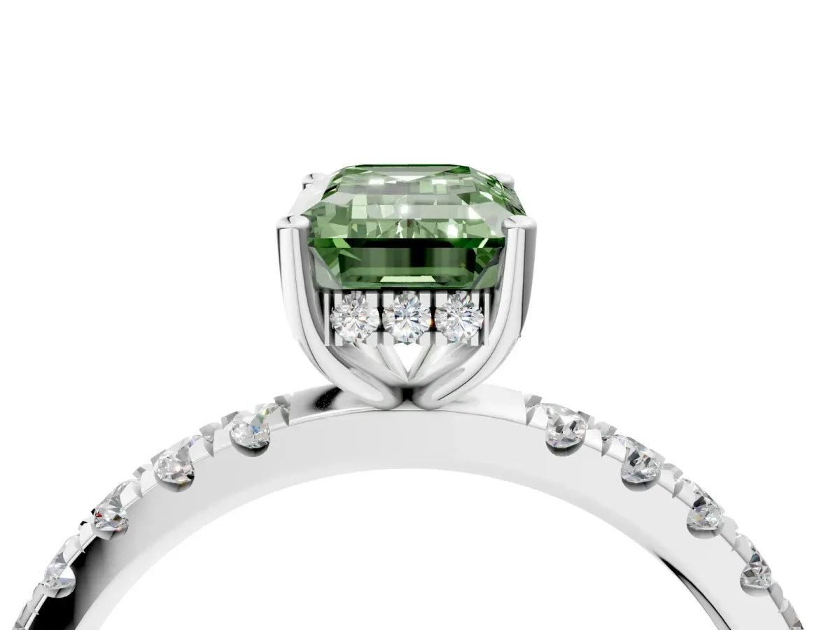 Fancy Green Emerald Cut Diamond Pave Band Solitaire Ring with Round and Prong Setting Platinum