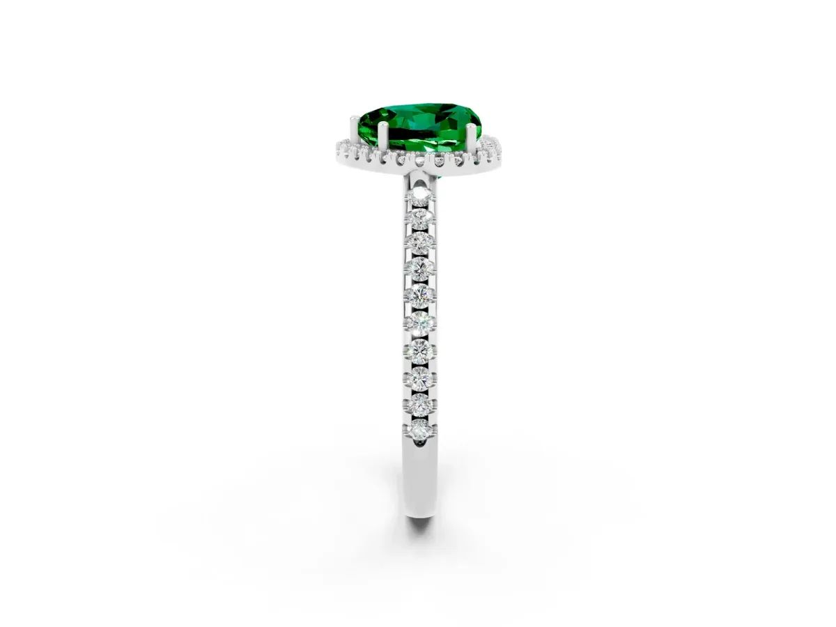Heart Cut Emerald Pavé Halo Ring with Four-Prong Setting White gold