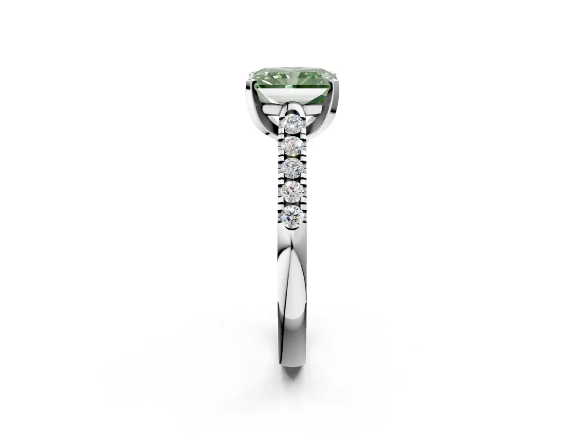 Fancy Green Radiant Cut Diamond Pavé Band Solitaire Ring with Prong Setting Platinum