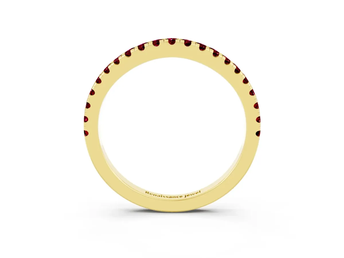 Round Garnet Pavé Half Eternity Band with Shared Prong Setting Yellow gold