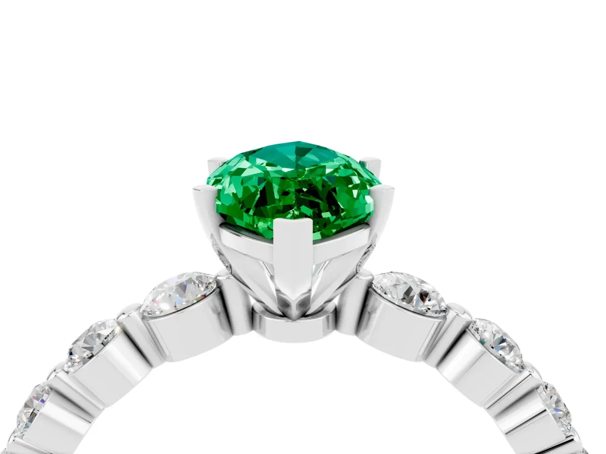 Marquise Cut Solitaire Emerald Ring with Pave Band and Four-Prong Setting Silver