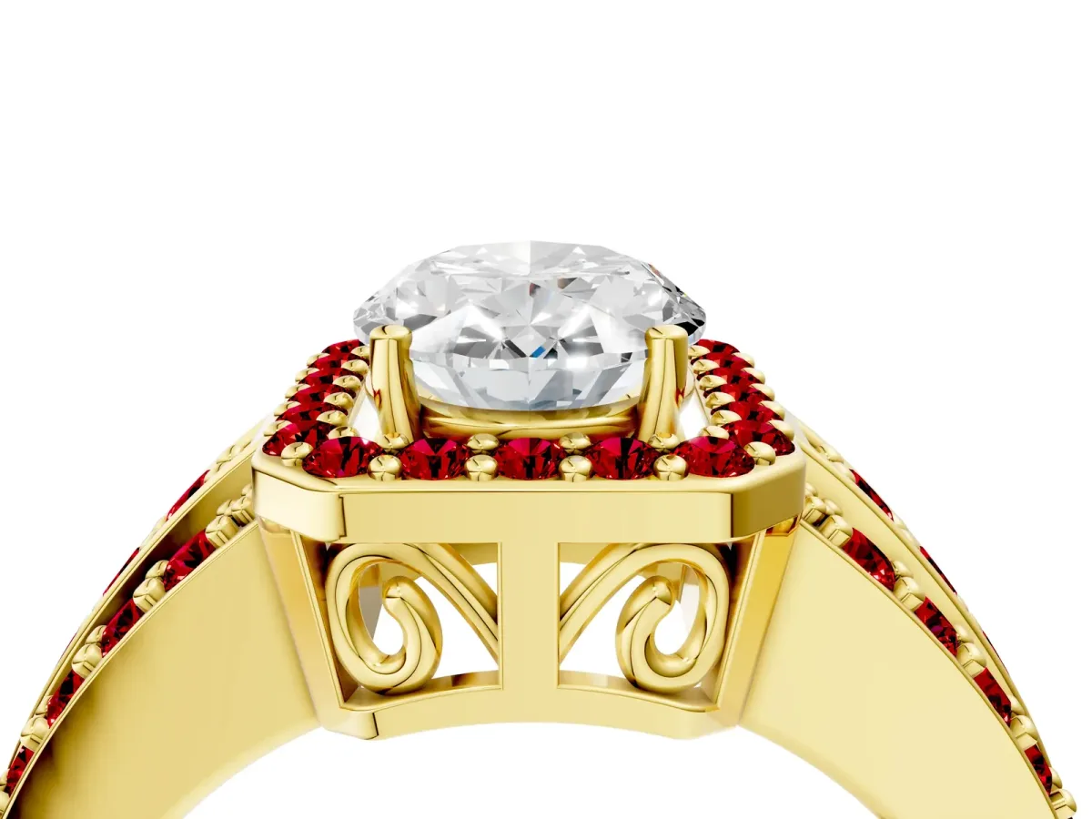 Oval Cut Halo Diamond Ring with Round Ruby Split Shank and Prong Setting Yellow gold