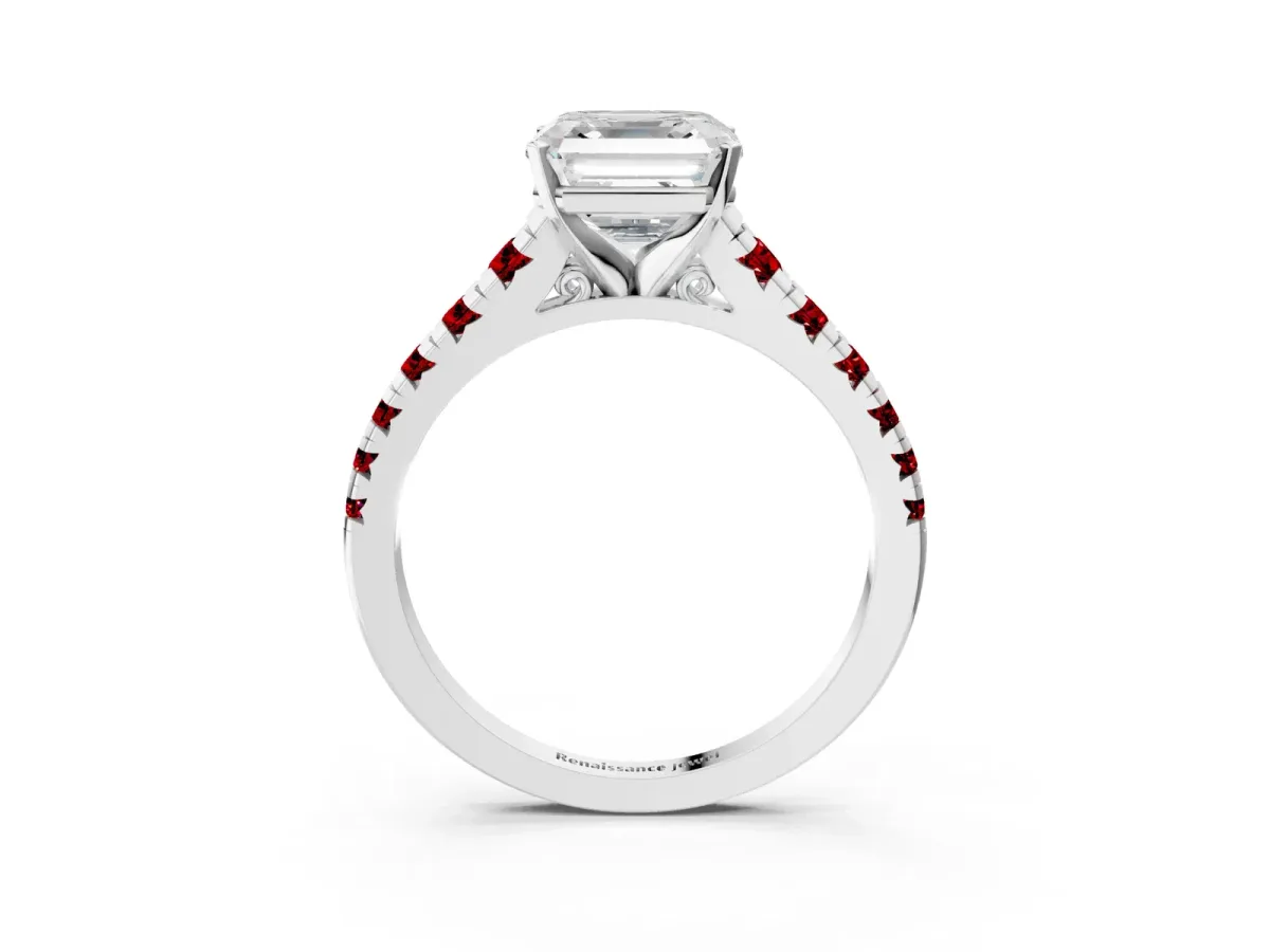 Asscher Cut Diamond Cathedral Solitaire Ring with Round Ruby Pavé Band Silver