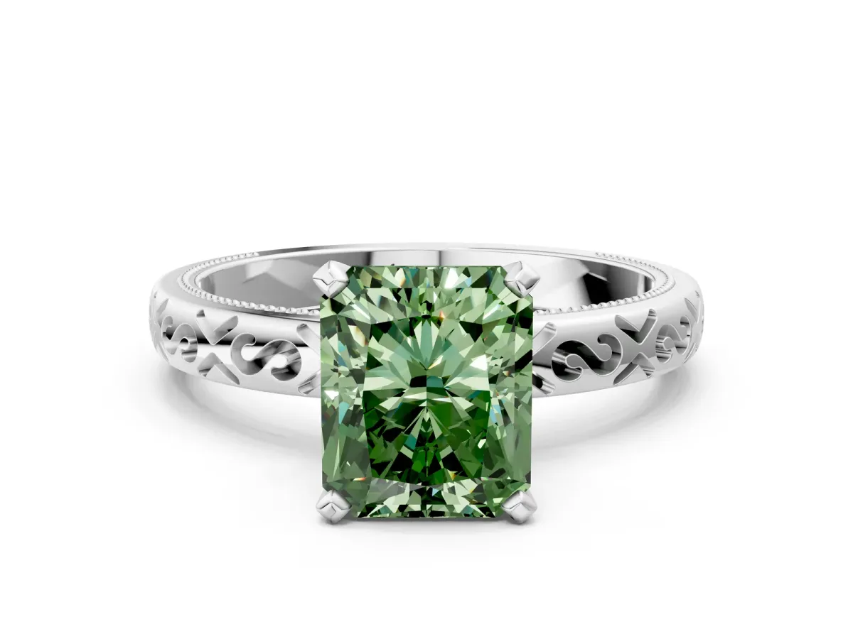 Fancy Green Radiant Cut Solitaire Engagement Ring with Scrollwork Band and Four-Prong Setting Platinum