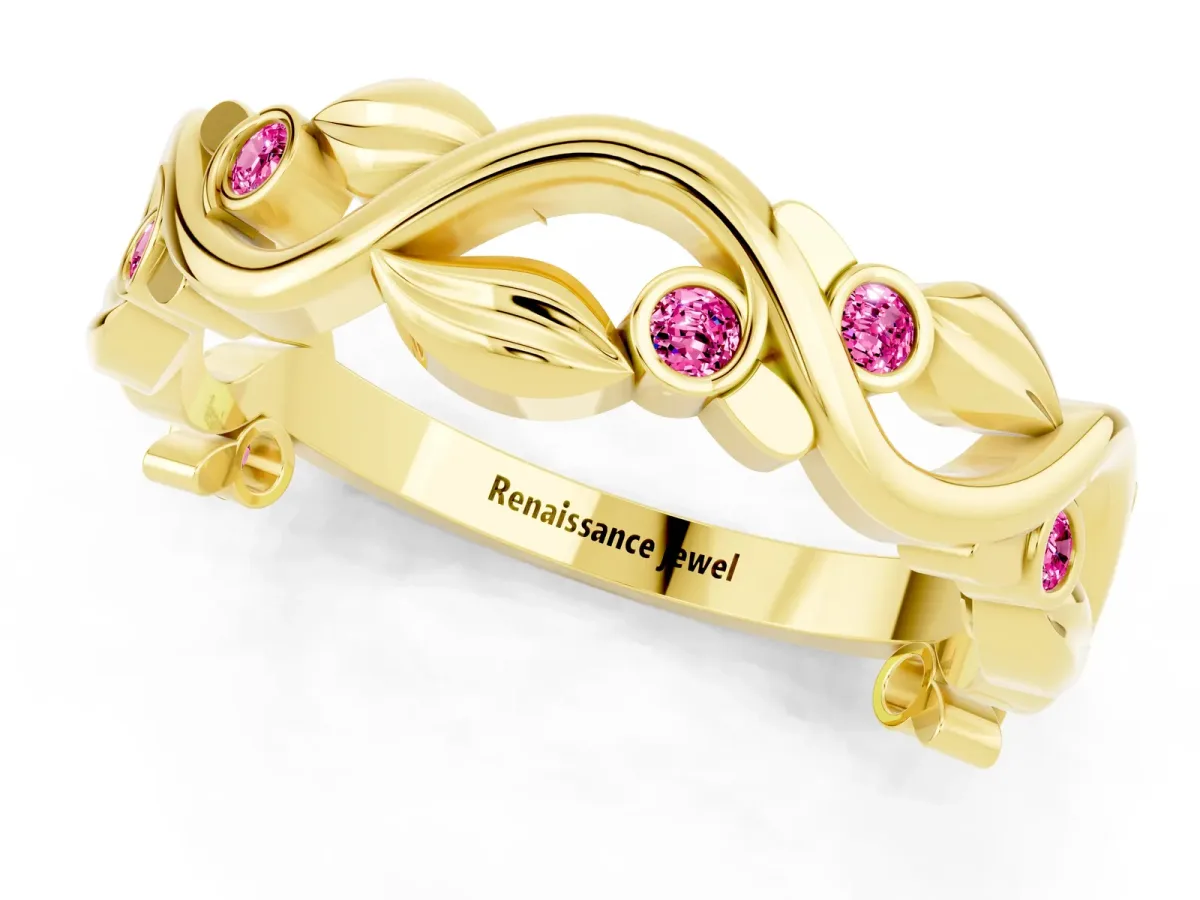 Round Pink Sapphire Leaf Eternity Band with Bezel Setting Yellow gold