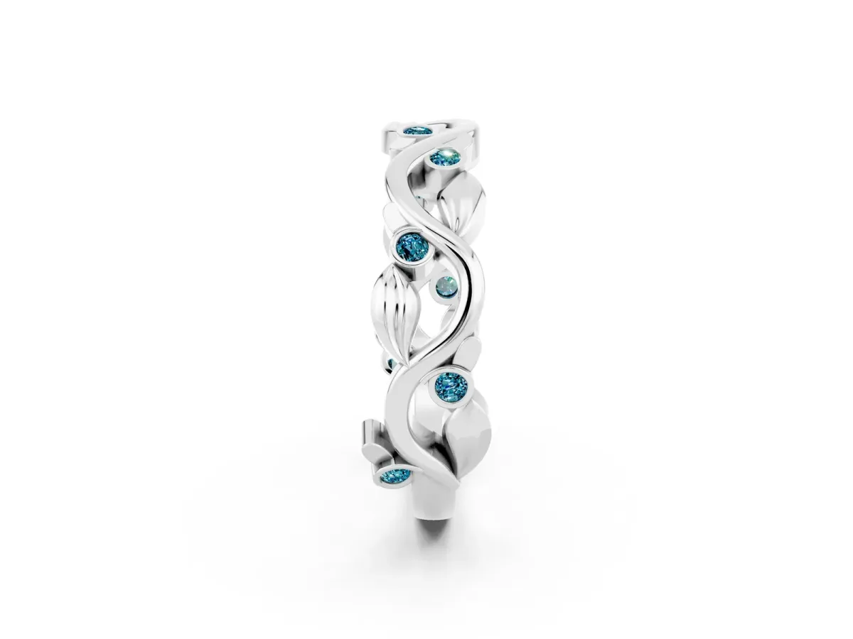 Round Blue Topaz Leaf Eternity Band with Bezel Setting White gold