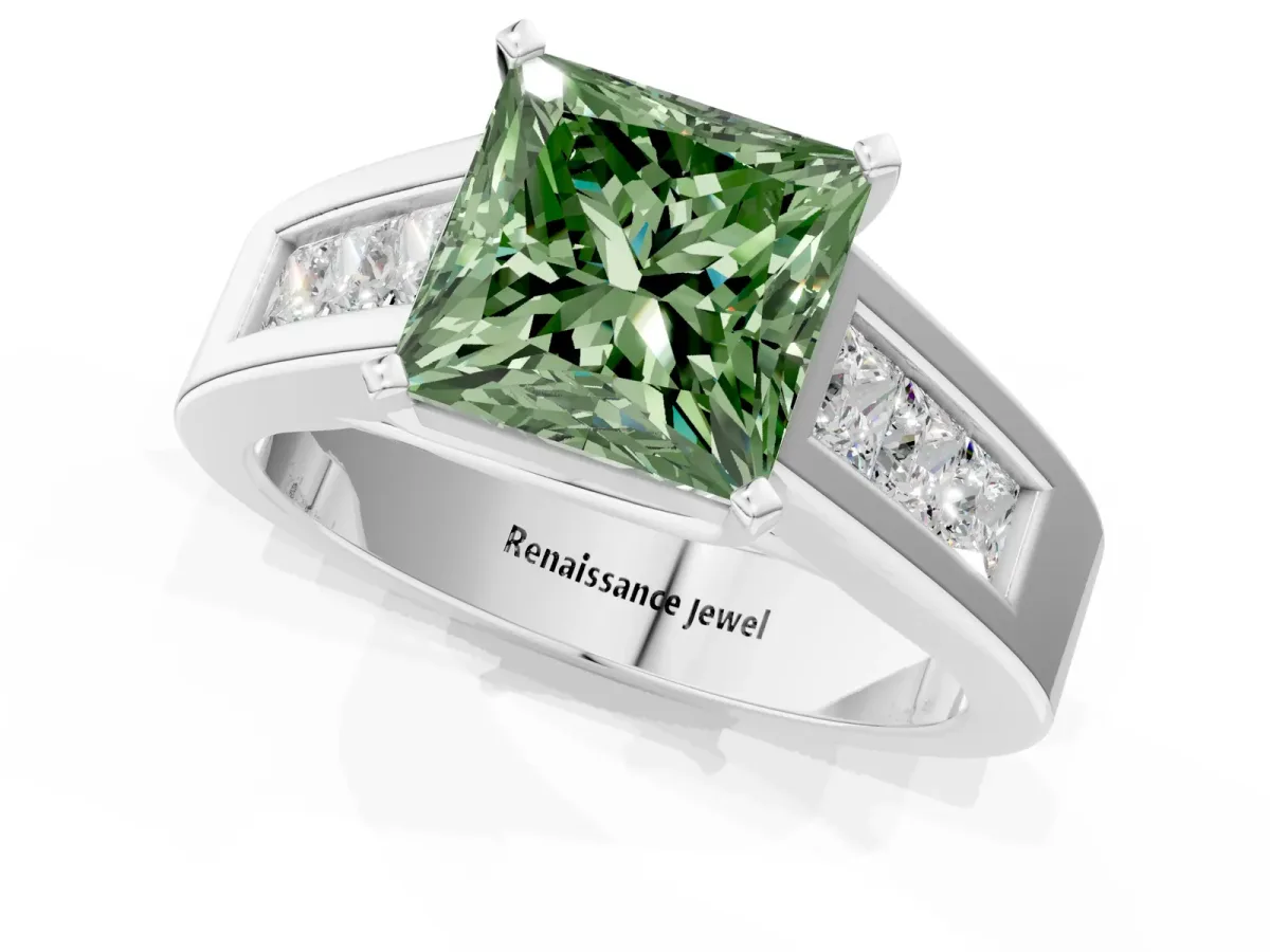 Fancy Green Princess Cut Cut Channel Set Solitaire Ring with Four-Prong Setting Silver