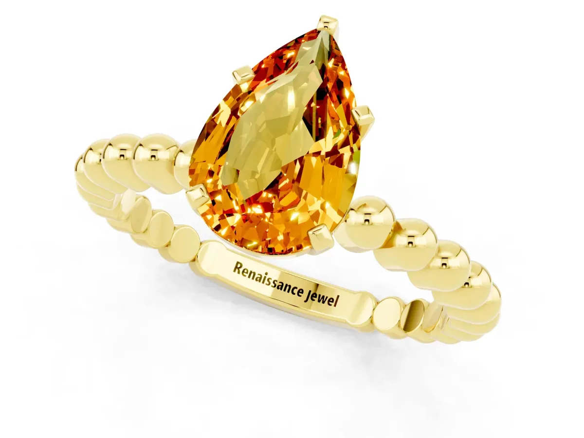 Pear Cut Citrine Solitaire Ring with Beaded Band and Prong Setting Yellow gold