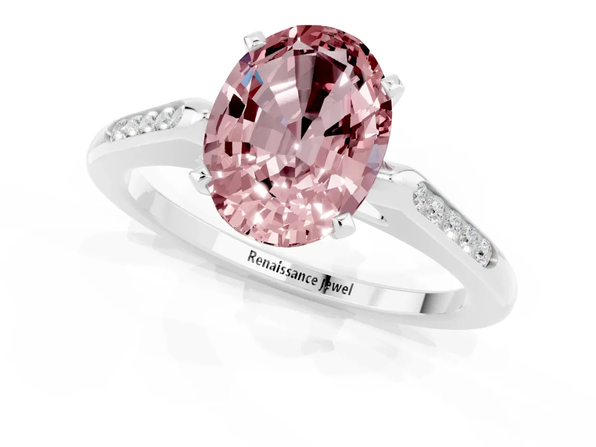 Oval Cut Morganite Solitaire Ring with Channel Set Round Band and Prong Setting Silver