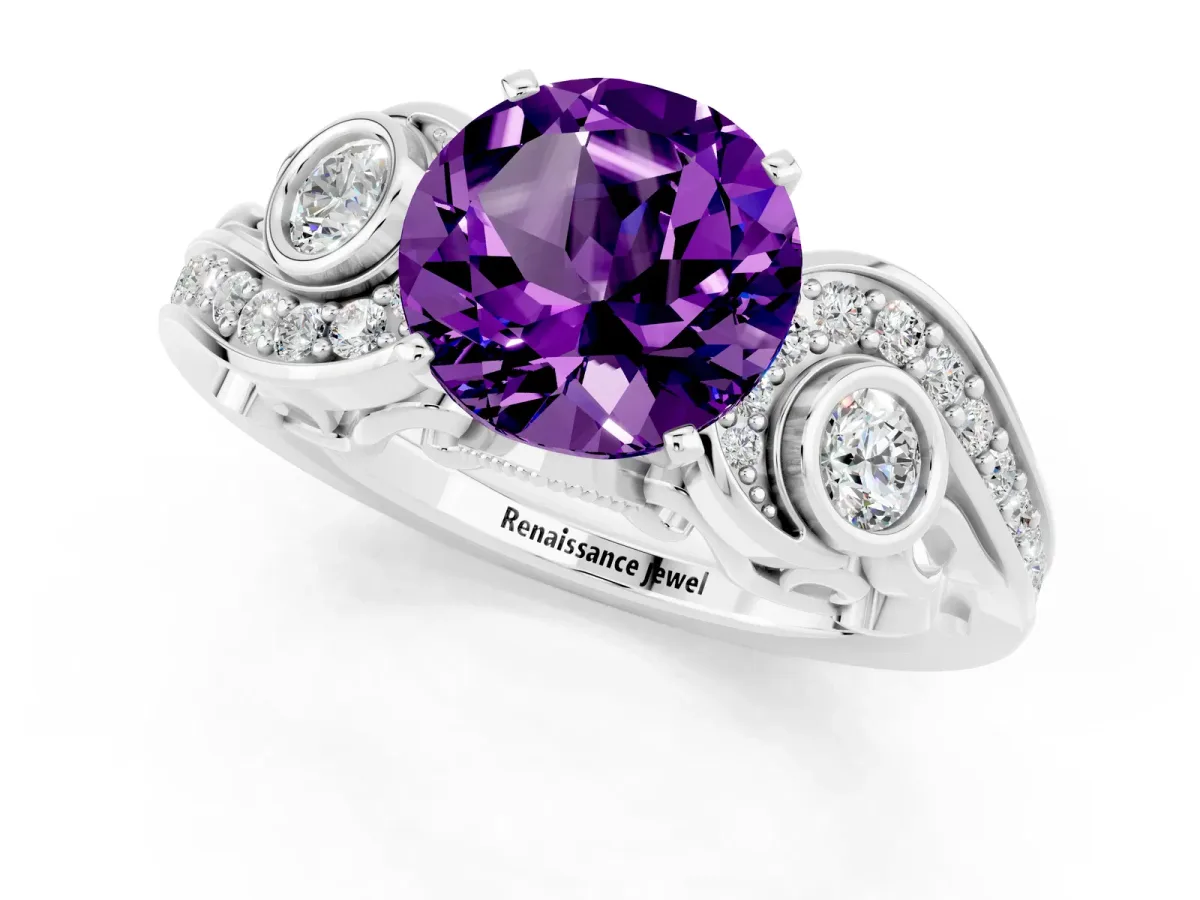 Round Cut Amethyst Solitaire Ring with Milgrain Pavé Band and Four-Prong Setting Silver