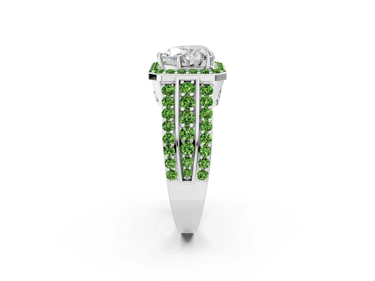 Heart Cut Halo Diamond Ring with Round Peridot Split Shank and Prong Setting Silver