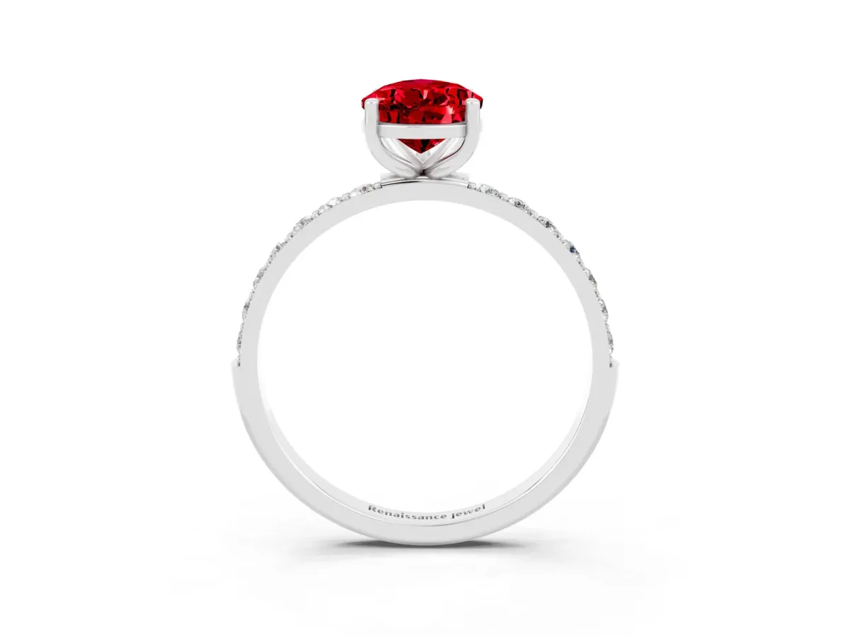 Pear Cut Ruby Solitaire Ring with Round Pavé Band and Prong Setting Silver