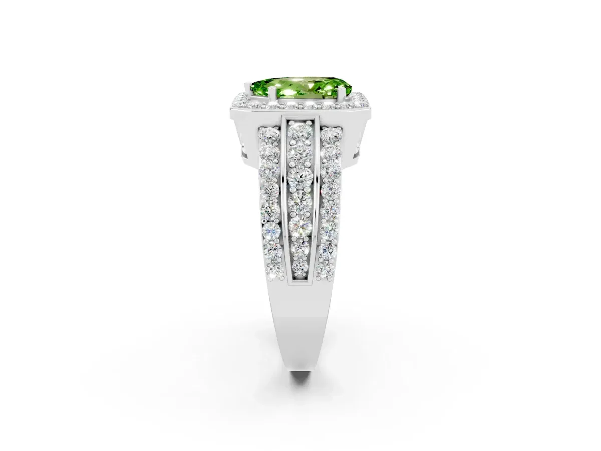Pear Cut Halo Peridot Ring with Round Split Shank and Prong Setting Silver