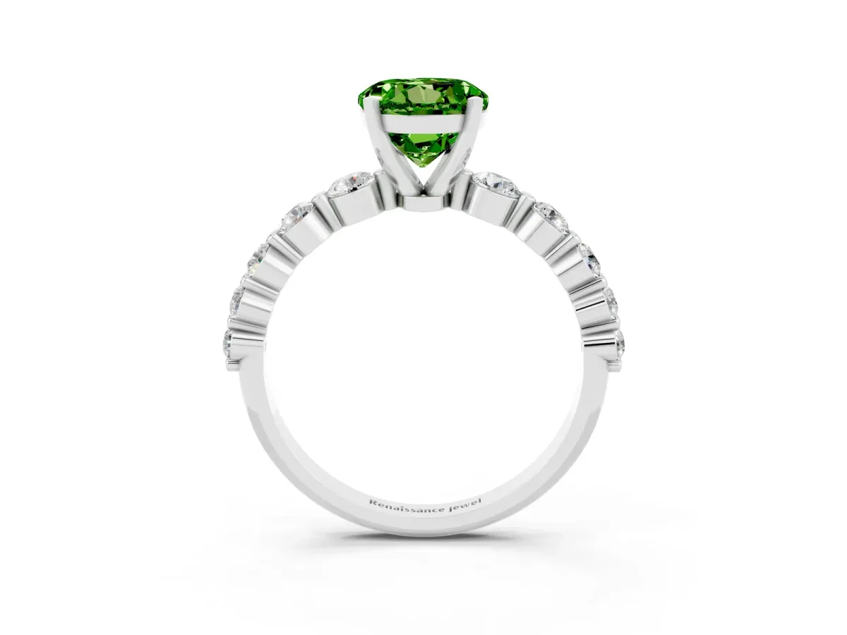 Round Cut Solitaire Peridot Ring with Pave Band and Four-Prong Setting Silver