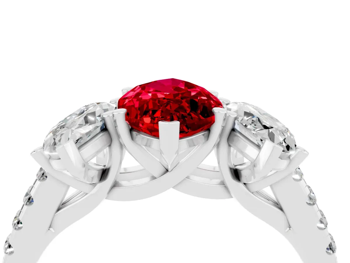 Three-Stone Marquise Cut Ruby Ring with Round Pavé Band and Prong Setting Silver