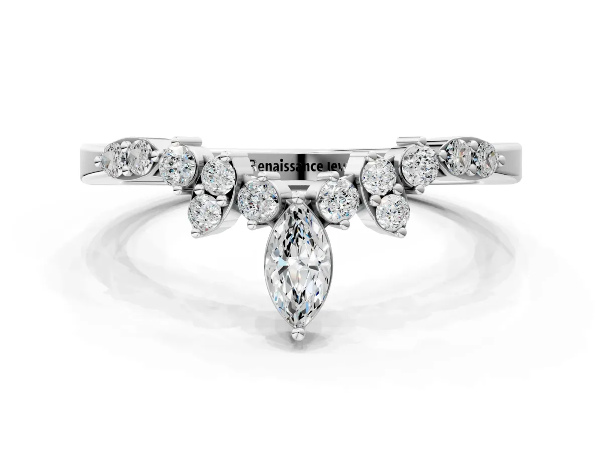 Marquise and Round Diamond Chevron Band with Prong Setting Platinum