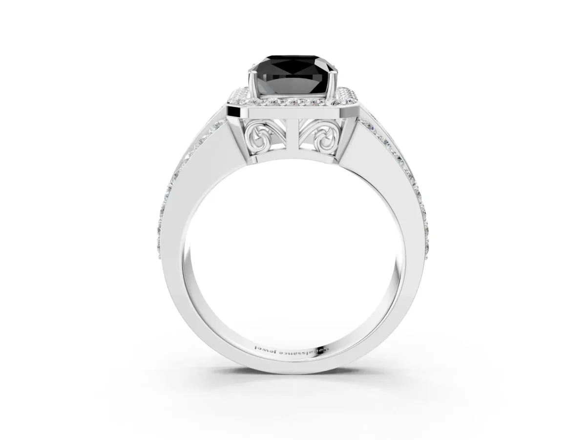 Fancy Black Cushion Cut Halo Diamond Ring with Round Split Shank and Prong Setting White gold