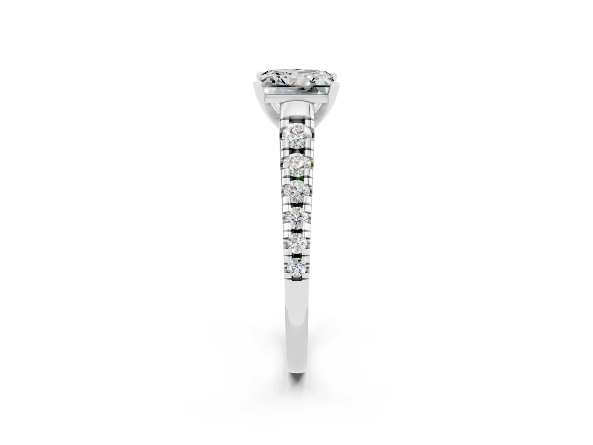 Princess Cut Moissanite Cathedral Solitaire Ring with Round Pavé Band Silver