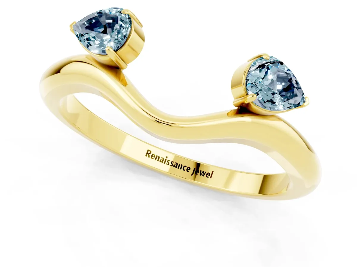 Pear Cut Aquamarine Two-Stone Open Band Ring with Prong Setting Yellow gold