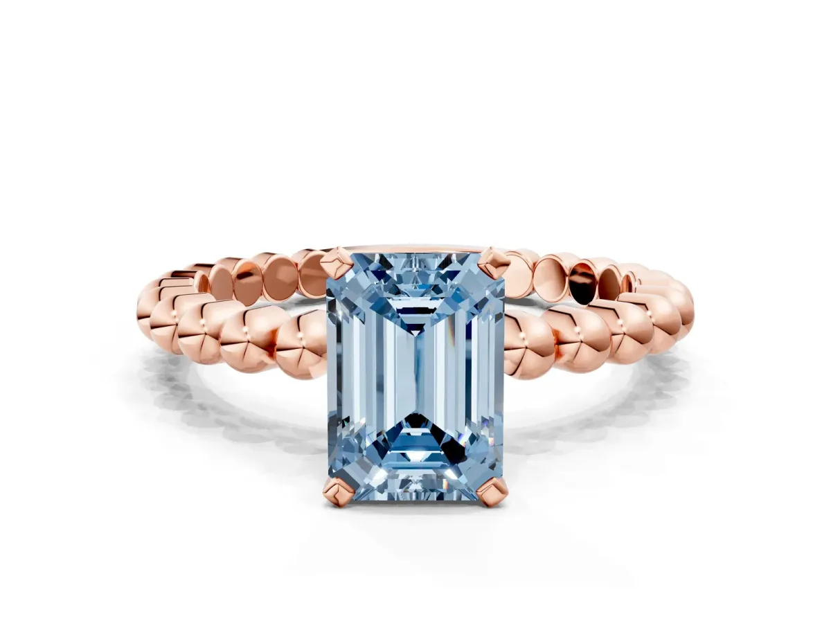 Fancy Blue Emerald Cut Diamond Solitaire Ring with Beaded Band and Prong Setting Rose gold