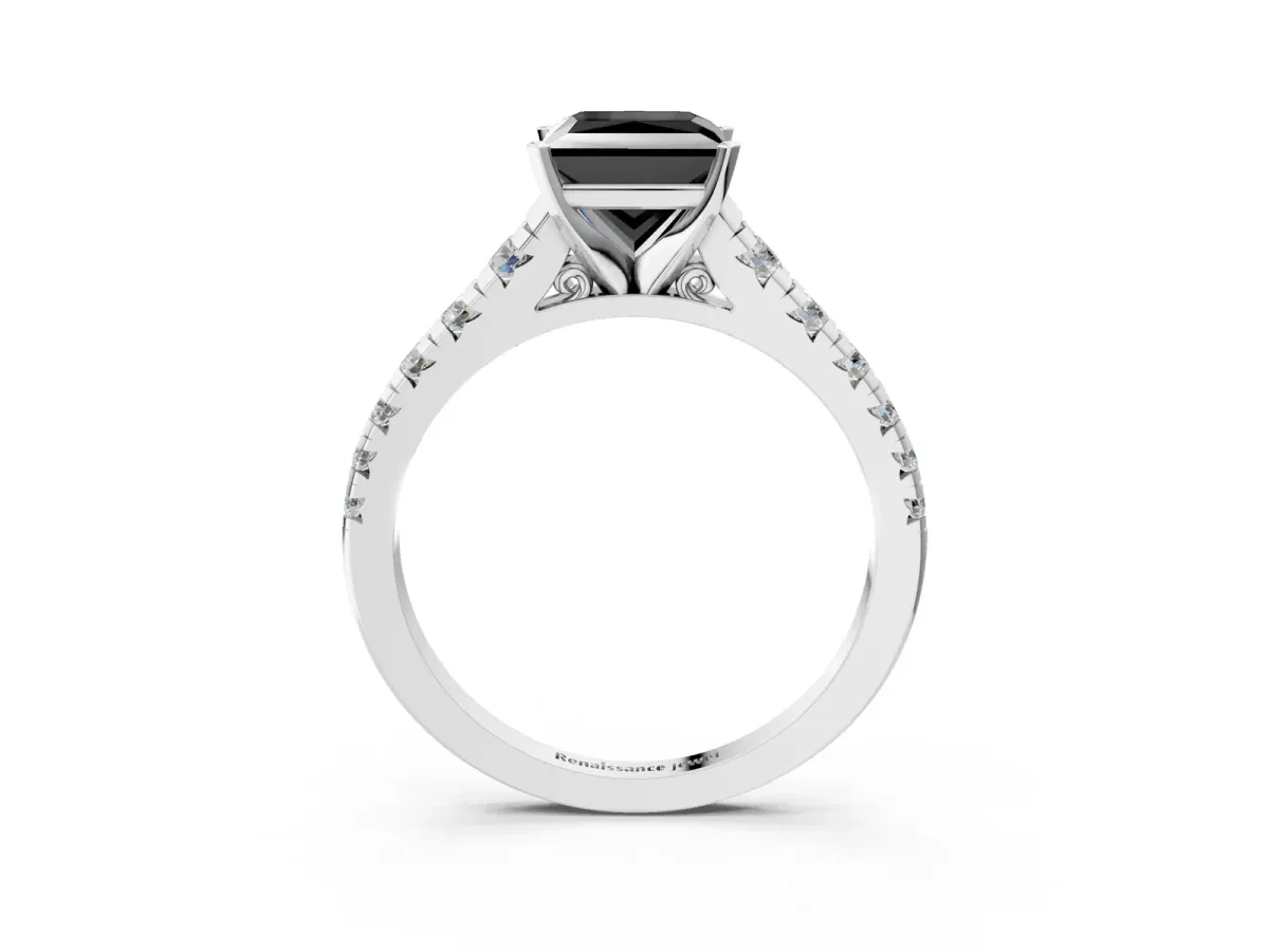 Fancy Black Princess Cut Diamond Cathedral Solitaire Ring with Round Pavé Band Silver