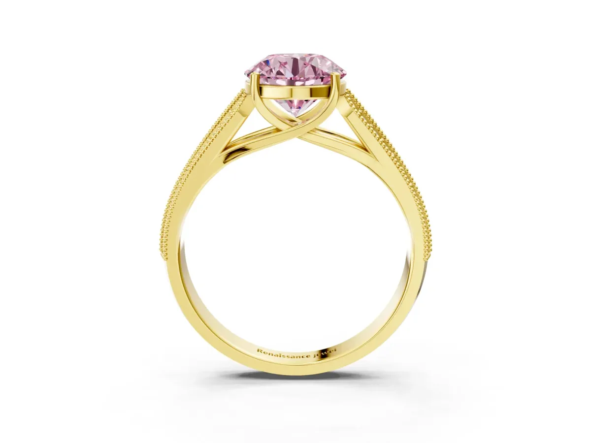 Fancy Pink Round Cut Cut Pave Split Shank Engagement Ring with Four-Prong Setting Yellow gold