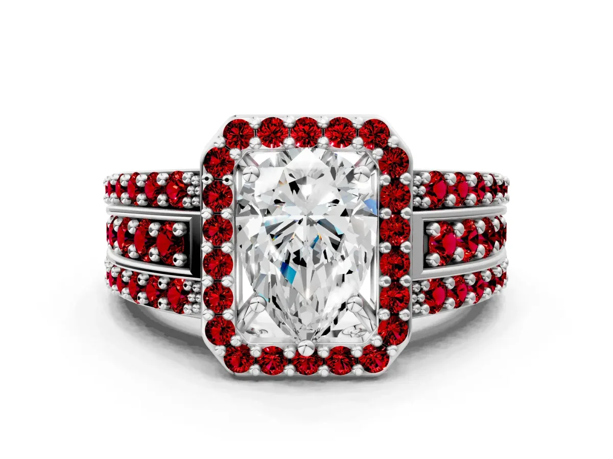 Pear Cut Halo Diamond Ring with Round Ruby Split Shank and Prong Setting Platinum