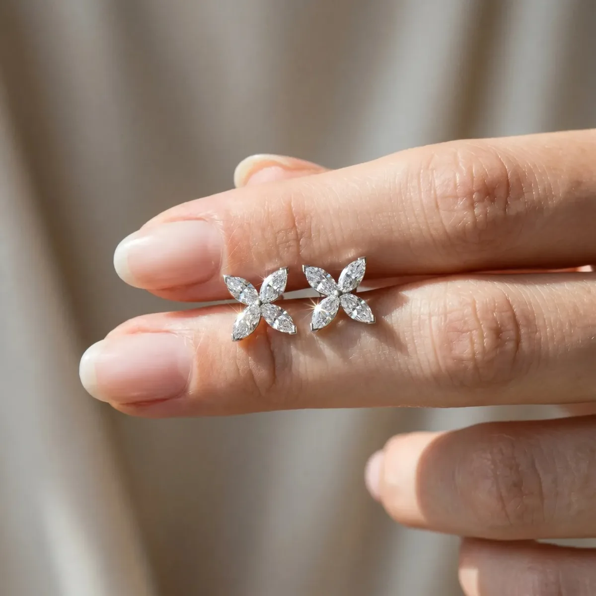Marquise Cut Diamond Flower Stud Earrings Platinum
