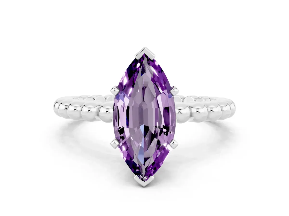 Marquise Cut Amethyst Solitaire Ring with Beaded Band and Prong Setting Platinum