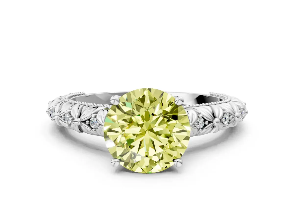 Fancy Yellow Round Cut Solitaire Floral Milgrain Engagement Ring Silver