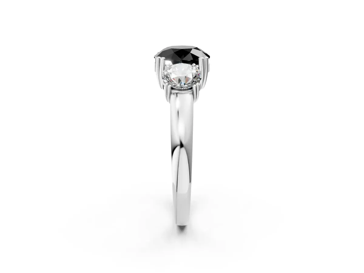 Fancy Black Three-Stone Round Cut Cut Diamond Ring with Channel Set Band and Four-Prong Setting Silver