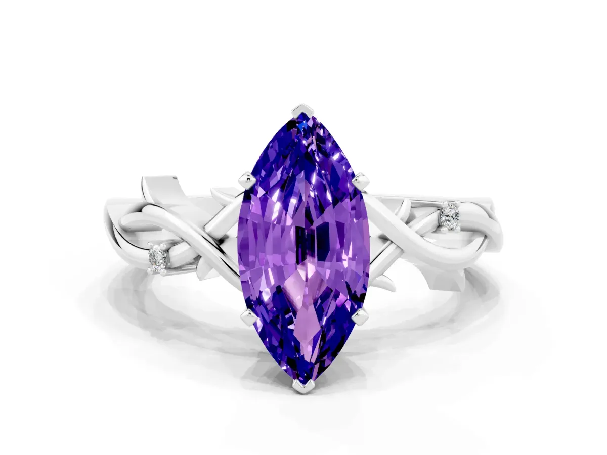 Marquise Cut Tanzanite Solitaire Ring with Twisted Band and Prong Setting Silver