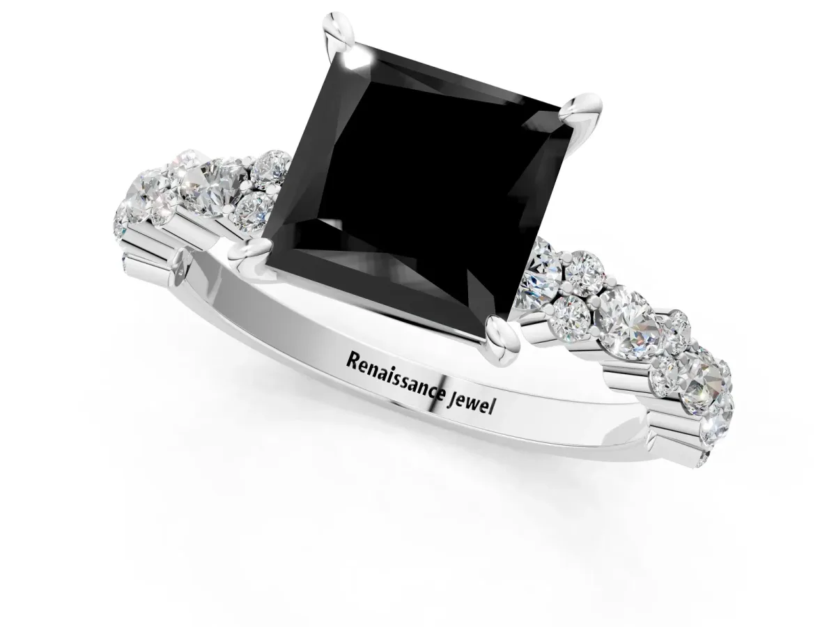 Fancy Black Princess Cut Diamond Side Stone Solitaire Ring with Round and Four-Prong Setting White gold