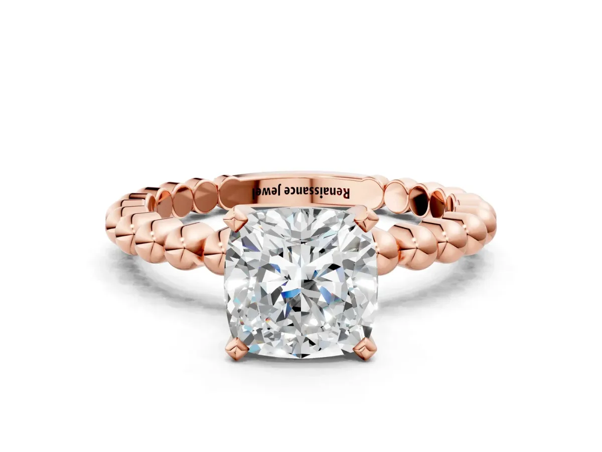 Cushion Cut Diamond Solitaire Ring with Beaded Band and Prong Setting Rose gold