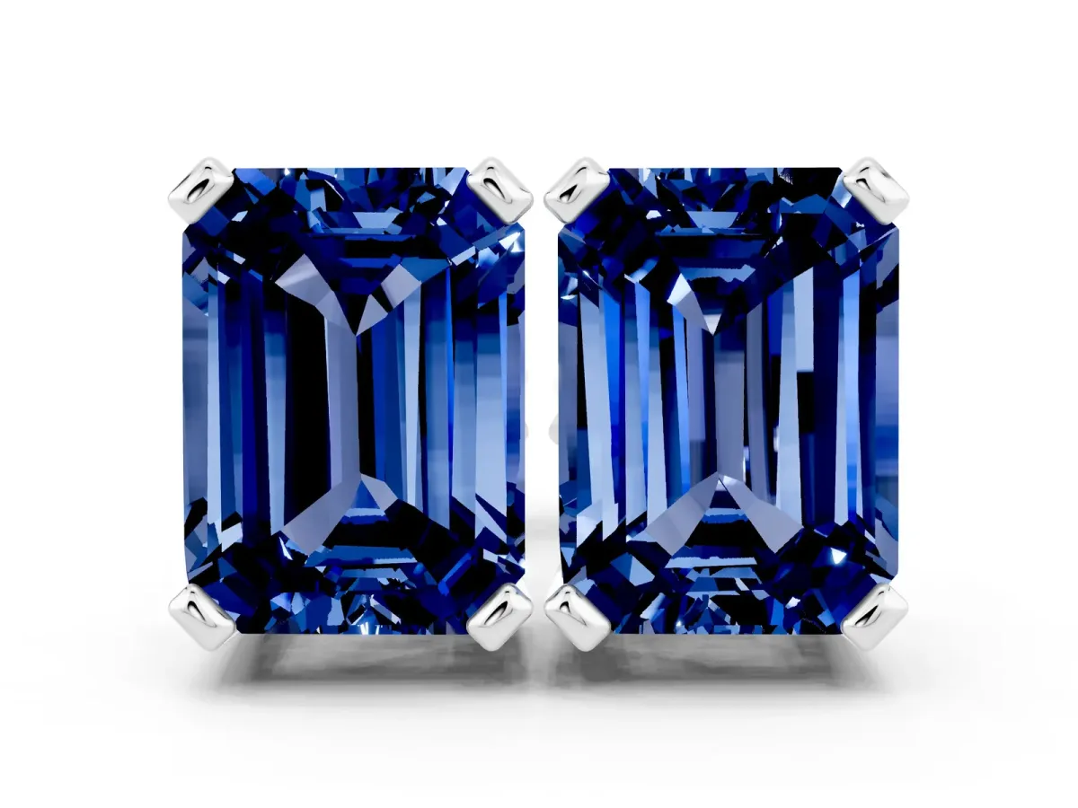 Emerald Cut Blue Sapphire Stud Earrings White gold