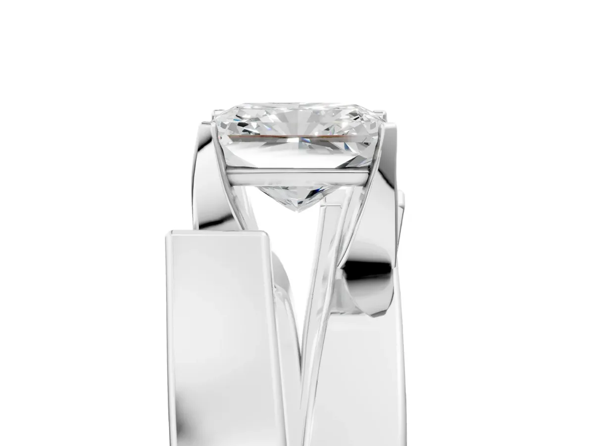 Modern Tension Set Radiant Cut Diamond Solitaire Wide Band Ring Silver