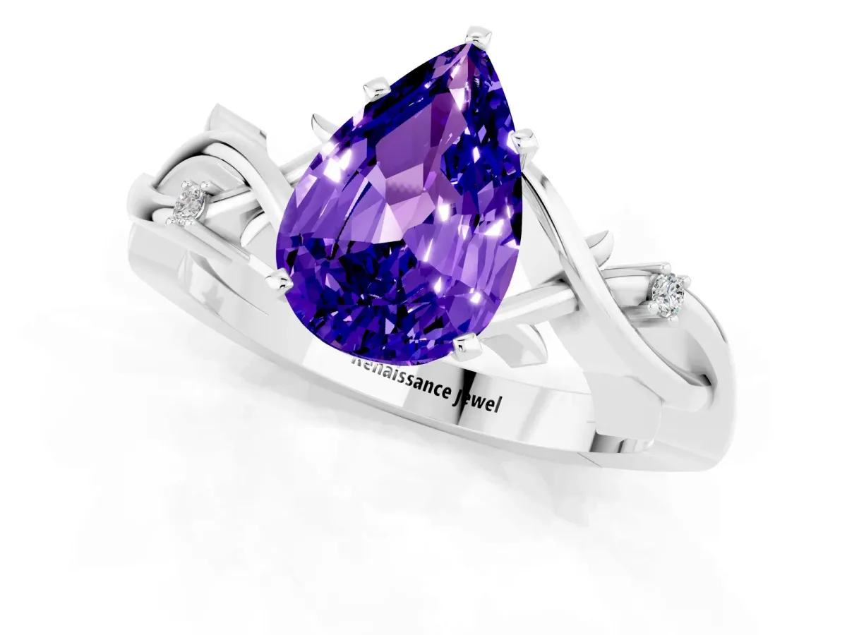 Pear Cut Tanzanite Solitaire Ring with Twisted Band and Prong Setting White gold