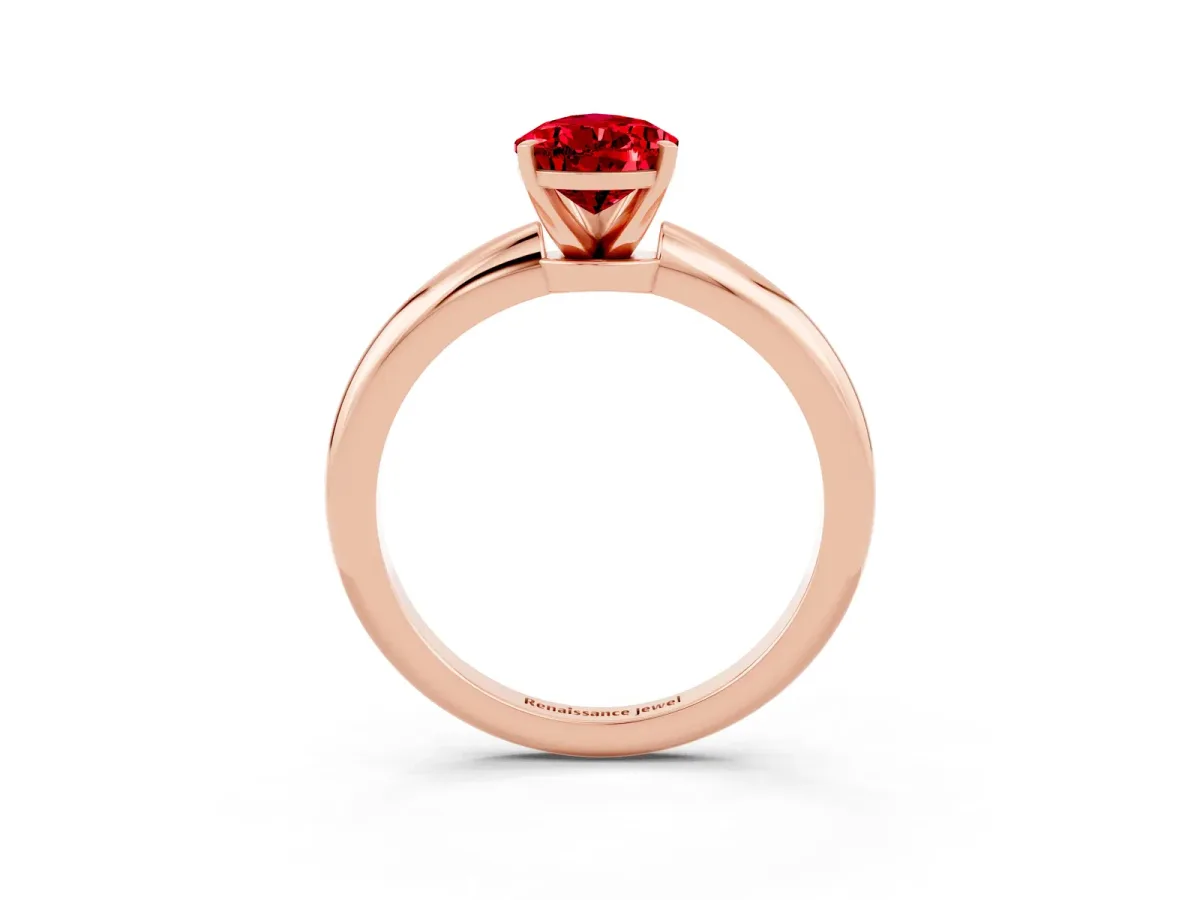 Pear Cut Ruby Solitaire Ring with Six-Prong Setting and Classic Band Rose gold