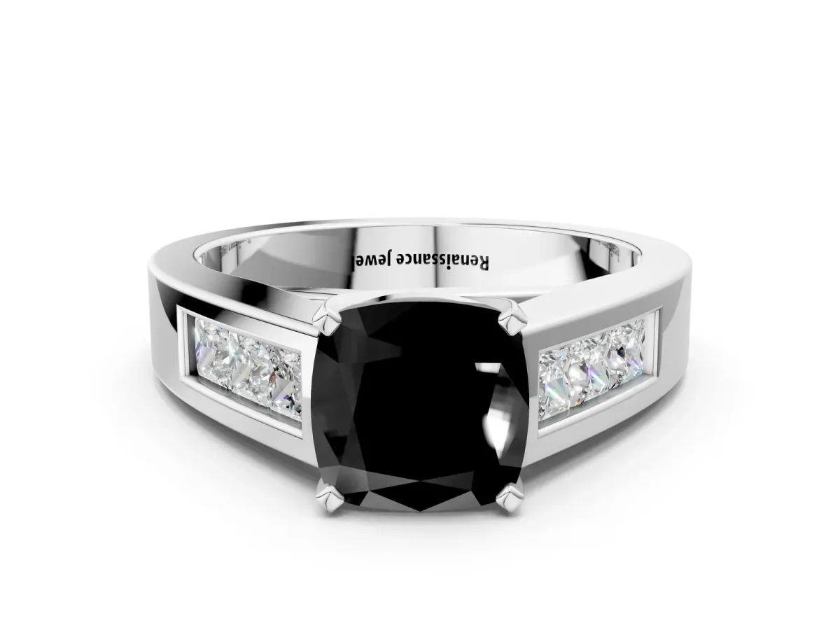 Fancy Black Cushion Cut Cut Channel Set Solitaire Ring with Four-Prong Setting Silver